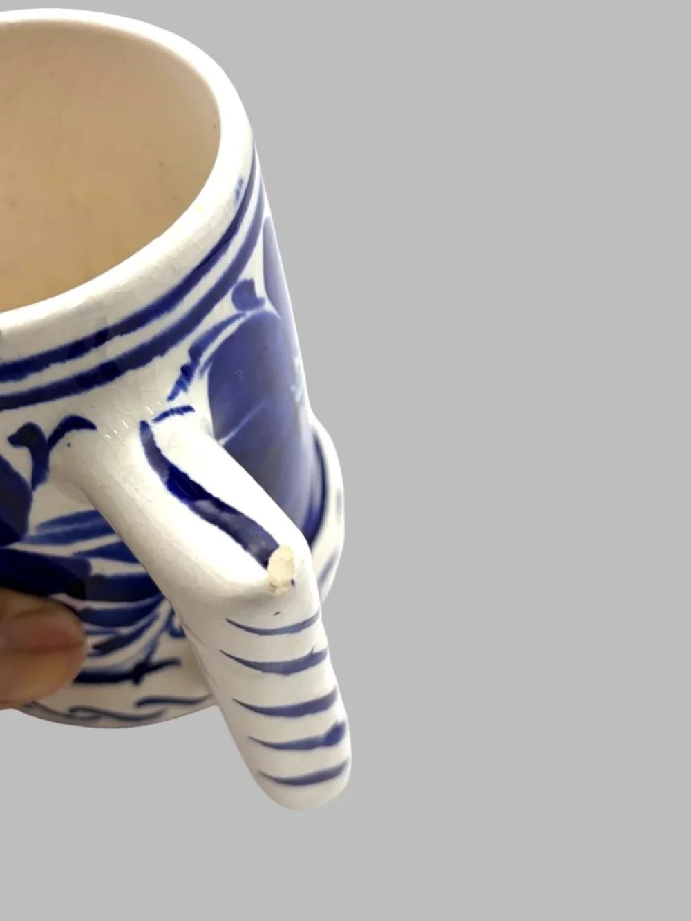 VTG SIGNED Blue White Hand Painted Pottery Tankard Mug Floral Mexican Talavera